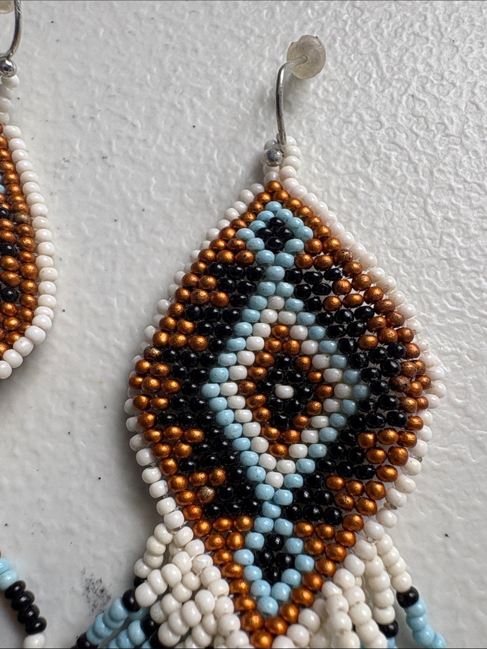 Handmade Beaded Fringe Earrings - White, Light Blue, Copper, Black - Picture 2 of 5